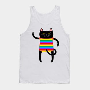 Black Cat Wearing a Rainbow Striped Onesie Tank Top